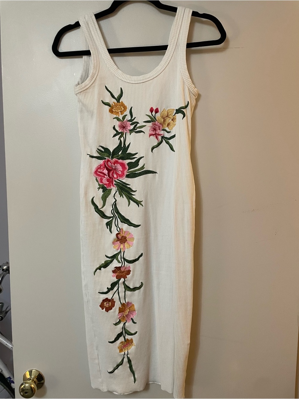 ASOS White Ribbed Midi Dress with Pink & Yellow Floral Embroidery